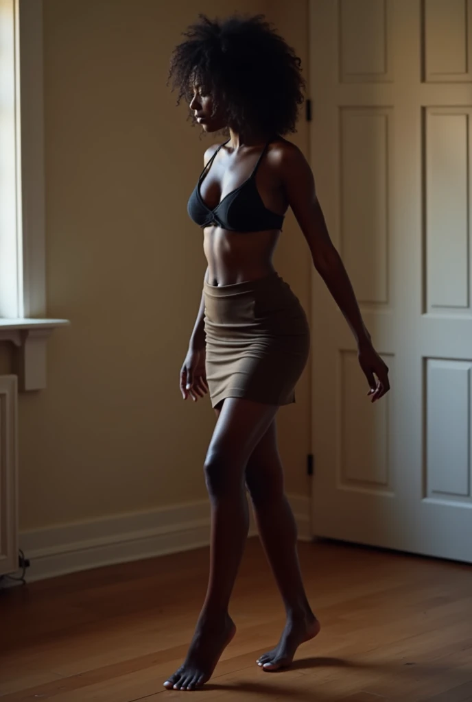 Show entire body, feet in view, dark skin woman, tight skirt outfit, black bra, pretty feet, bedroom 