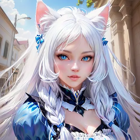 a close up of a cat with long white hair and blue eyes, white cat girl, attractive cat girl, furry fantasy art, beautiful young catgirl, very beautiful cute catgirl, realistic anime cat, beautiful anime catgirl, anthropomorphic female cat, catgirl, portrai...