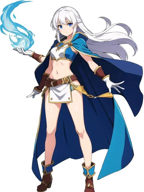 solo female, midriff, ((( white background))), character focus, fantasy clothes, standing, grove cuff, gloves, character design, full body, cape,
