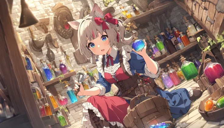 Cute side tail girl, Mysterious, Medieval European style shop, Colorful potions,High resolution、Detailed face、Fine grain、