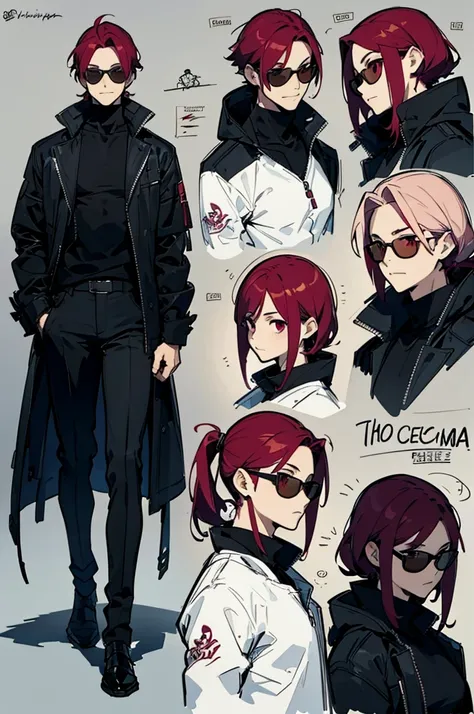 Black background with spotlight, Wine red hair,　whole body絵、Gender: Male、1 person（Wear thin sunglasses）sketch (Character design sheet, Same character, whole body, Three Views, Front, ~ side, return), Alone