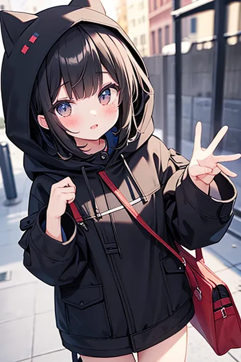 "Create a cute girl with black hair and put a parka hood on her."