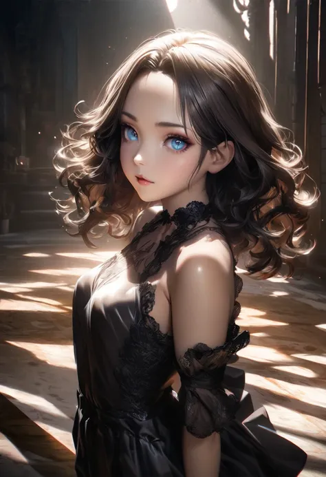 1 woman, tilted head and looking at viewer, as if wanted to say something, glossy silky messy wavy short hair, forehead, captivating beautiful eyes, fascinating, make-up, amorous and lewd expression, perfect proportions, delicate and dynamic textures, cont...