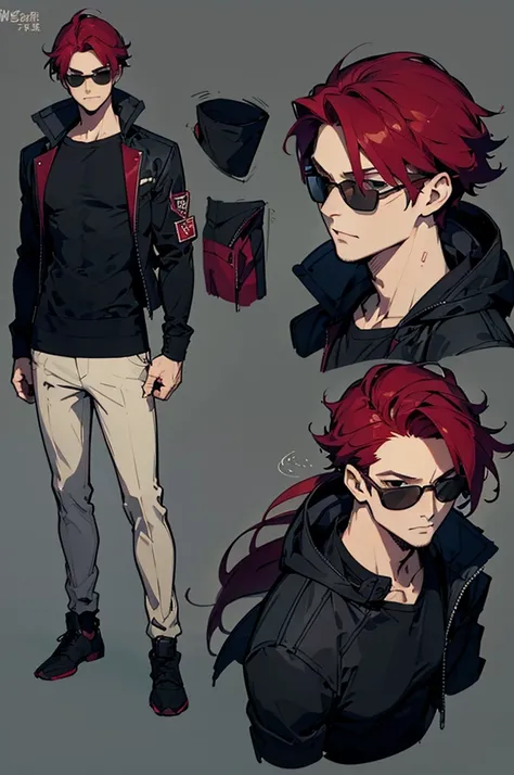 Black background with spotlight, Wine red hair,Gender: Male、1 person（Wear thin sunglasses）sketch (Character design sheet, Mr.々Face、whole body,, Front, ~ side)