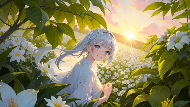 (Cool weather,Dew Drops on leaves and flowers:1.5),
(1 girl,Incredibly beautiful sunrise,A kind smile,Dew Drops on hair,Perfect colorful clear eyes,The eyes reflect a beautiful and moving light:1.4),
(Shine leaves and white flower petals blowing in the win...