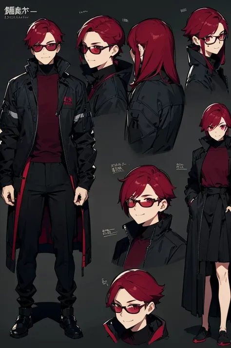 Black background with spotlight, Wine red hair,Gender: Male、1 person（Wear thin sunglasses）sketch (Character design sheet, smile、Nihilistic々Face、whole body )