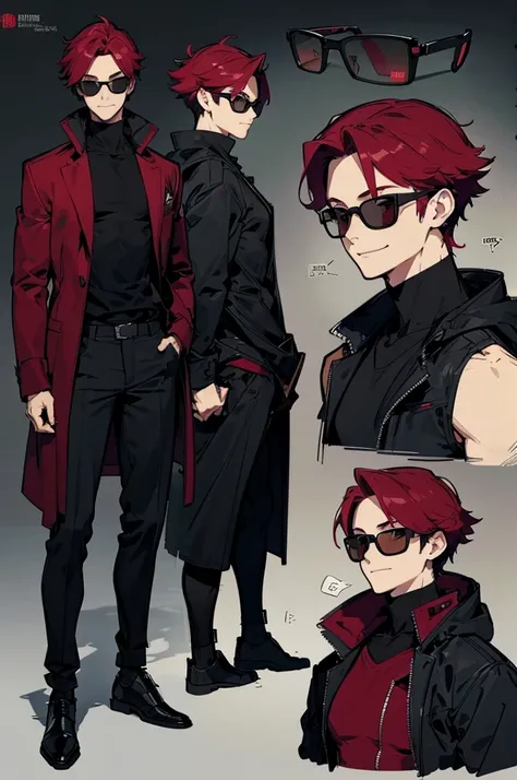 Black background with spotlight, Wine red hair,Gender: Male、1 person（Wear thin sunglasses）sketch (Character design sheet, smile、Nihilistic々Face、whole body )