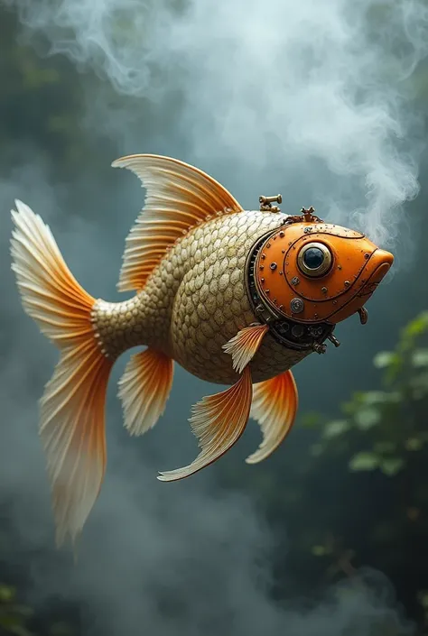 Goldfish made of metal and screws, floating with steam, steampunk style,