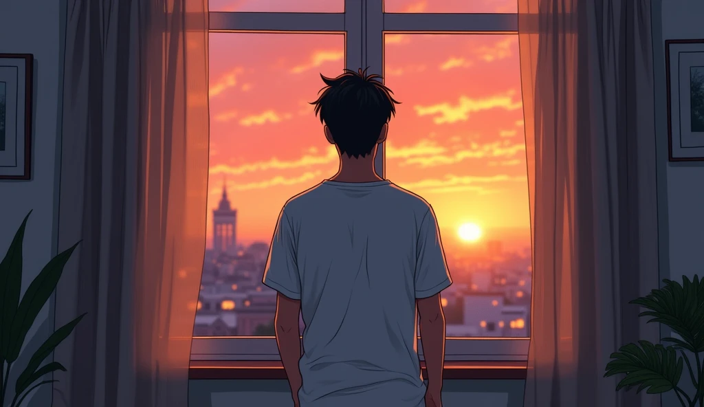 afternoon、At sunset, he looks out the window, holding back tears of sadness.、 He stands by the sofa window with a sad face in a living room with a little light shining on it.、Male 30, White T-shirt、black short hair、, Sunset environment、2D style animation, ...