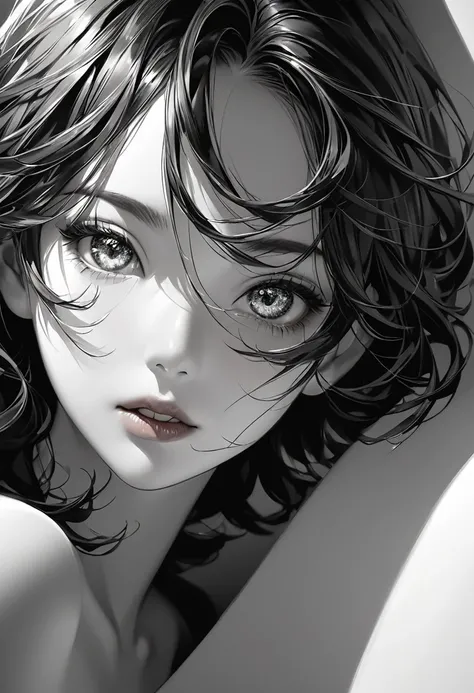 monochrome, pencil drawing, 1 woman, tilted head and looking at viewer, as if wanted to say something, glossy silky messy wavy short hair, forehead, captivating beautiful eyes, fascinating, make-up, amorous and lewd expression, perfect proportions, delicat...