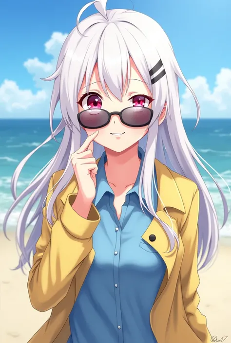 Anime girl,Long white disheveled layered hair,Wink,Pink eyes,Cute smile,Shush 2 inches,Wear a student uniform similar to a blue shirt.,Wear a yellow jacket,Wear black frameless sunglasses.,The backdrop is a beach.