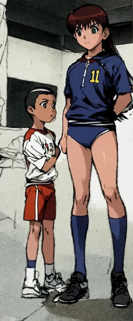 On the right, Satsuki Miyanoshita with her beautiful legs is standing in gym clothes.。On the left is a boy with a shaved head standing in a tracksuit.。High image quality。