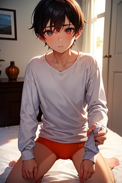 a boy kneeling in a bedroom, wearing a white long sleeve shirt and orange briefs, beautiful eyes and face,