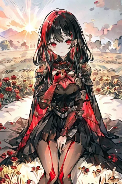 ((Best Quality)), ((masterpiece)), (detailed),Fantasy Knight,Medium shot of a girl sitting with her knees raised to her chest,Looking at the camera, ((Black long hair,Red mesh hair)), Black sleeve cape,Flower Armor,mini skirt,Fuller lips,Slanted Eyes,Slend...