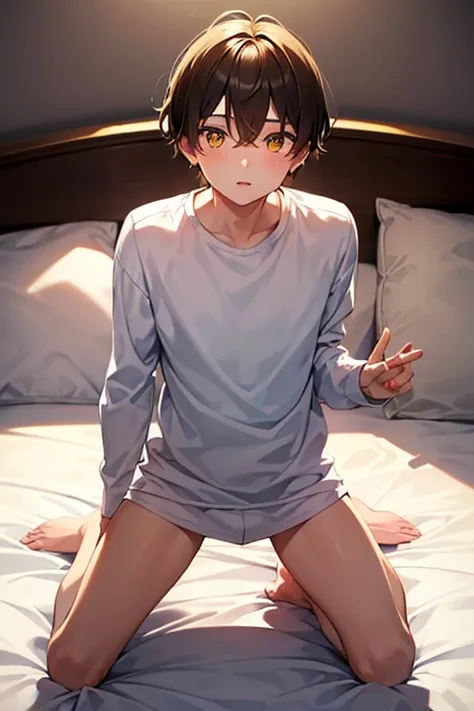 a cute boy kneeling in a bedroom, wearing a white long sleeve shirt and yellow briefs, beautiful eyes and face,