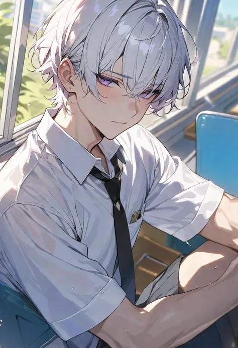 Alone, male, short hair, White hair, Calm bangs, light purple eyes, white shirt, masterpiece, Super high resolution, school, summer, black tie