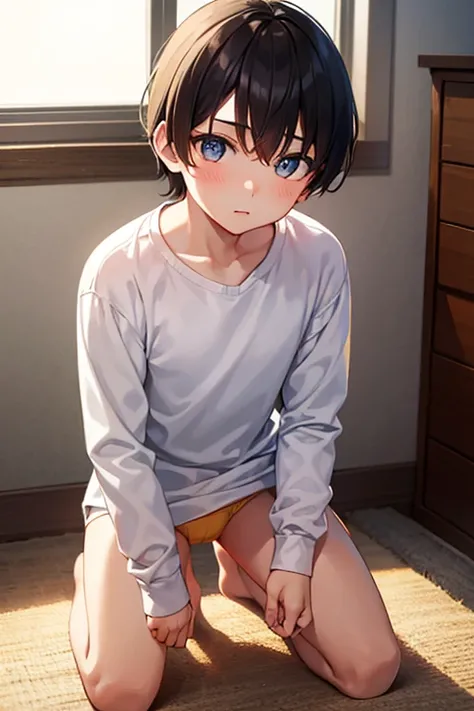 a young boy kneeling in a bedroom, wearing a white long sleeve shirt and yellow underwear, beautiful eyes and face,