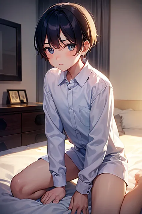 a young boy kneeling in a bedroom, wearing a white long sleeve shirt and yellow underwear, beautiful eyes and face,