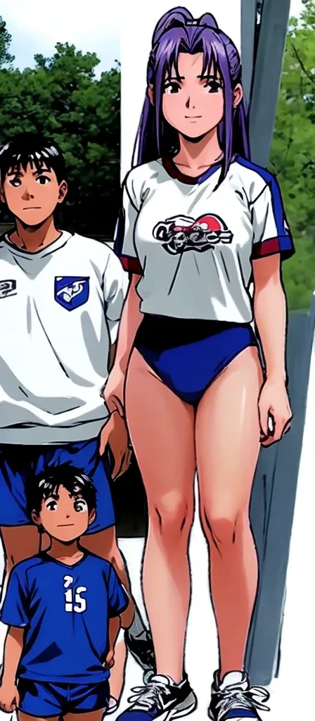 On the right, Momoko Koigakubo is standing with her legs spread apart in gym clothes and showing off her beautiful legs.。On the left is a young boy in a jersey.。High image quality。