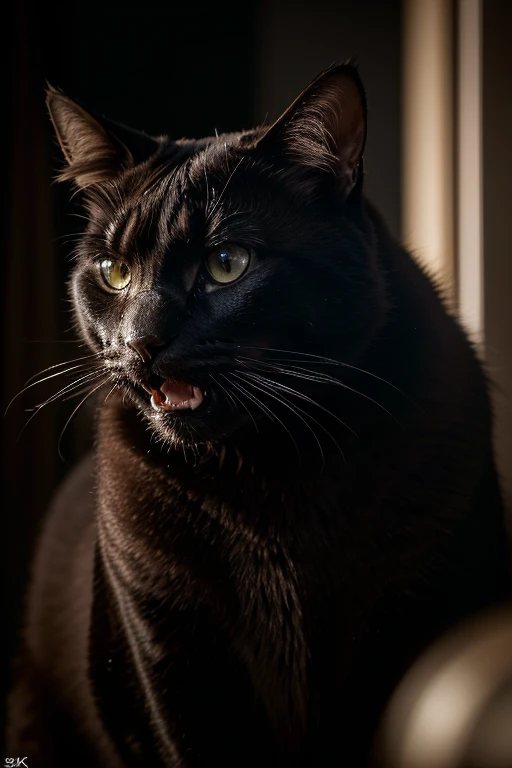 a big black cat, hissing, growling angry, protective of his coca-cola cans, detailed fur, intense glare, dramatic lighting, cine...