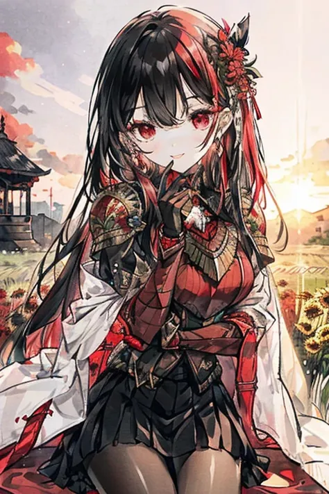 Fantasy Knight,Close-up of the upper body of a girl sitting with her knees raised to her chest,Looking at the camera,View from the front, ((Black long hair,Red mesh hair)), Black sleeve cape,Flower Armor,mini skirt,Fuller lips,Slanted Eyes,Slender,smile,Ma...