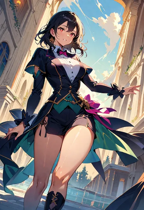 1 mature beautiful woman,(Best Quality,Extremely detailed depiction,Incredibly absurd high definition,Anatomically accurate,Curvy Legs,Detailed pupil,Shiny skin,Porcelain-like skin),(The Enchanting Thief:1.3),(Sexy phantom thief costume,tuxedo,Gentleman&#3...