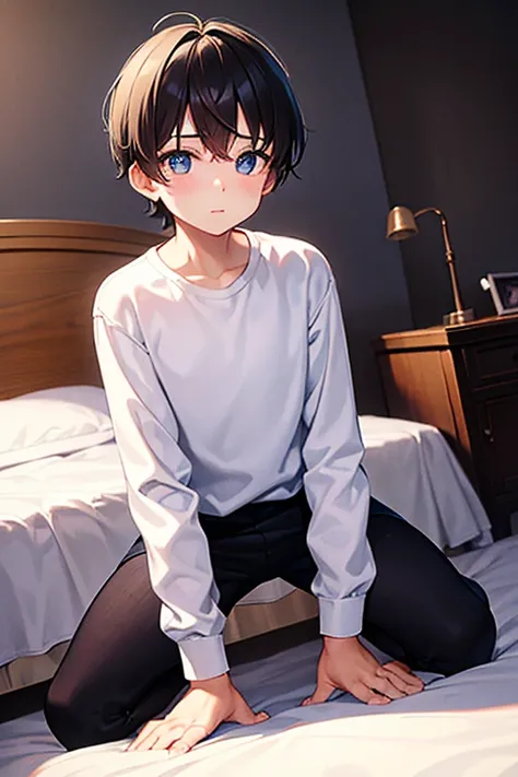 a young boy kneeling in a bedroom, wearing a white long sleeve shirt and black briefs, beautiful eyes and face,