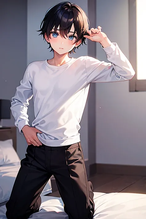 a young boy kneeling in a bedroom, wearing a white long sleeve shirt and black briefs, beautiful eyes and face,