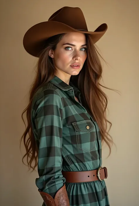 1woman , 30 years, Long hair, Floating hair brown , Blue eyes, thoughtfulness, temptation, cowboy hat brown , slim , Long hair , makeup , big lips , checkered shirt dress green , cowboy boots , posing , background beige, Filling an image, Minimalism, in de...