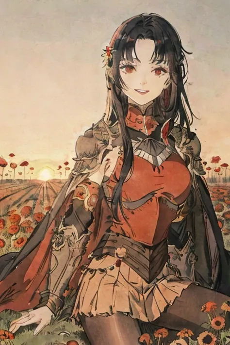 Fantasy Knight,Close-up of the upper body of a girl sitting with her knees raised to her chest,Looking at the camera,View from the front, ((Black long hair,Red mesh hair)), Black sleeve cape,Flower Armor,mini skirt,Fuller lips,Slanted Eyes,Slender,smile,Ma...