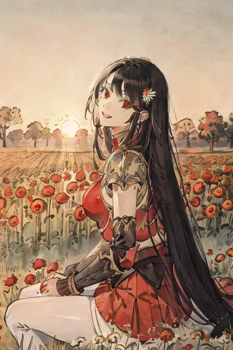 Fantasy Knight,Close-up of the upper body of a girl sitting with her knees raised to her chest,Side view,Looking at the camera,View from the front, ((Black long hair,Red mesh hair)), Black sleeve cape,Flower Armor,mini skirt,Fuller lips,Slanted Eyes,Slende...