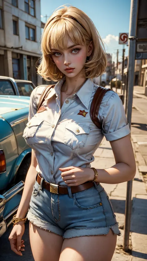 Teenage soviet pioneer girl-model 1, beautiful, too much tanned girl, blonde, bob hair, bangs, brown eyes, beautiful figure, girl wearing white shirt and short shorts, slim long legs, slave bracelets, manicure, cute makeup, flirtatiously posing, hot summer...