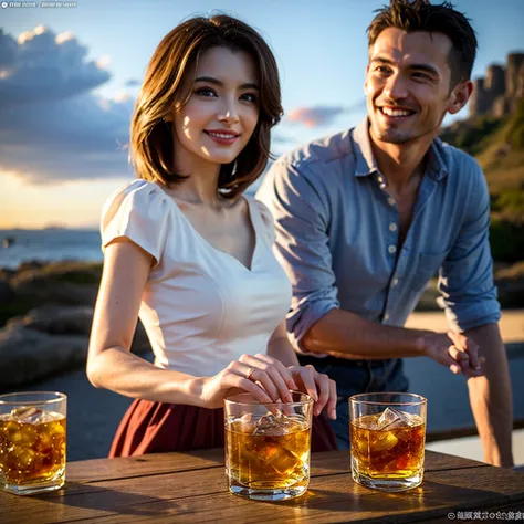 (Realistic, 超Realistic:1.4), 16K HDR, High resolution,((Whiskey Glass)),((Whiskey Bottle)),((Whiskey Glass)),Happy Smile、Short Hair,The best smile、Japanese Actress,so beautiful(It looks like the real thing),Evening Dresses,Cocktail Dresses、Whiskey Bottle、T...