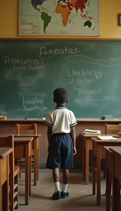 From face, in a classroom in 1950s France, a blackboard and a map is above the blackboard. A warm atmosphere with chairs, satchels and school desks. from face, a black-skinned elementary school student is standing in front the blackboard, his is wearing a ...