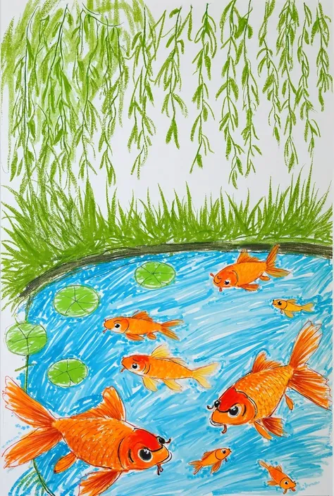 Full body shot，Pond in summer，goldfish，algae，Willow trees by the pond，cicada，Stick Figure，Simple graffiti，Poor painting skills，Crayon Drawing，Fairy tale style，Pure white background