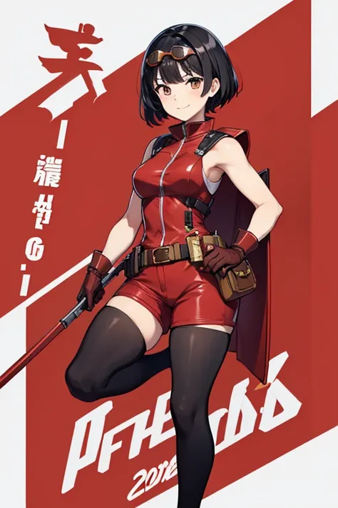 Anime Art、Full body portrait、Characters of the early modern period、Background blank、A female pilot standing upright, about 160cm tall, about 3, wearing a red sleeveless suit, red shorts and iron armor.、She is wearing black tights that cover her lower body....