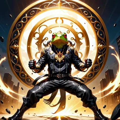 Closeup, Cartoon of an extremely badass anthropomorphic golden bullfrog wearing an insanely cool black leather Harley Davidson biker jacket open, black biker shirt, black leather biker gloves, black leather biker pants, fists enshrouded by an intense, brig...