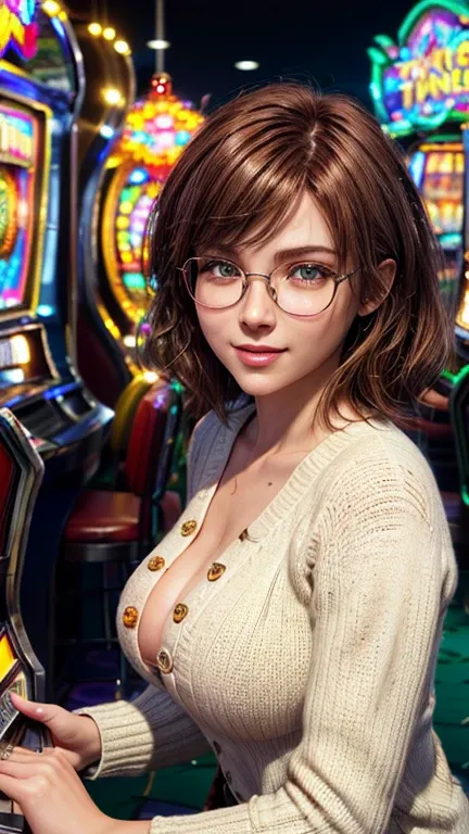 portrait, close-up, upper body. Short, red hair, Green eyes, glasses with metal frames, green, knitted blouse with buttons, big breasts size twelve, cheerful smile, happy girl . (masterpiece, top quality, Best quality, official art, beautiful and aesthetic...