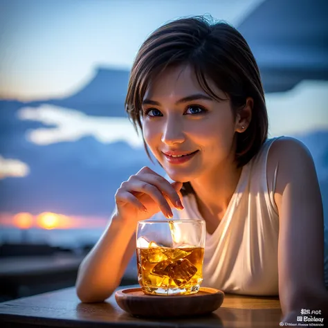 (Realistic, 超Realistic:1.4), 16K HDR, High resolution,((Whiskey Glass)),((Whiskey Bottle)),((Whiskey Glass)),Happy Smile、Short Hair,The best smile、Japanese Actress,so beautiful(It looks like the real thing),Evening Dresses,Cocktail Dresses、Whiskey Bottle、T...