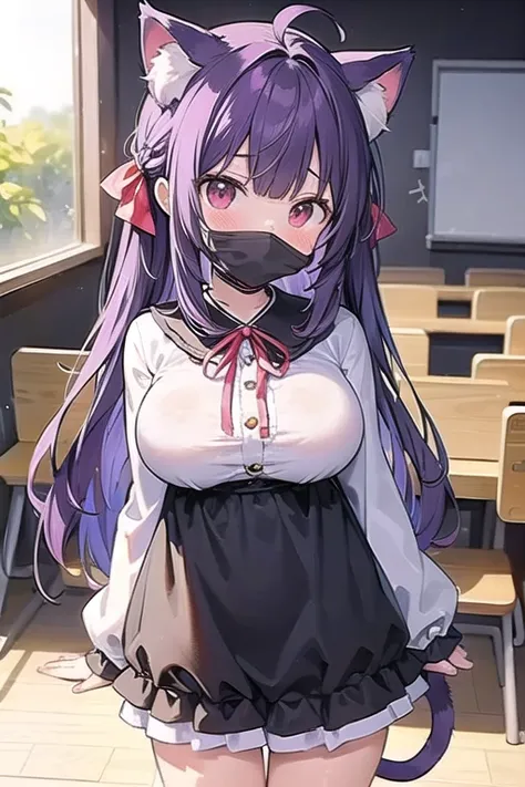 1 Cute naughty Girl, (Short Stature:1,2, large breasts), thick legs, red eyes, (ahoge, messy hair:1.2, tired hair:1.2, flipped hair, very long hair), cat ears, cat tail, black hair, (purple hair:1.2), (Wizard attire, neck_ribbon, sleeves past wrists), (blu...