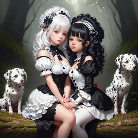 painting of a girl with a white wig and black dress sitting on a log with two dalmatian puppies, adorable digital painting, cute detailed digital art, cute digital art, with curly black and silver hair, white curly hair, by Nene Thomas, with haunted eyes a...