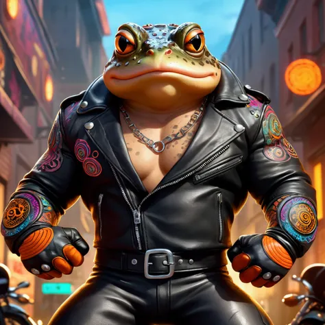 Closeup, Cartoon of an extremely badass anthropomorphic buff, muscular toad wearing an insanely cool black leather Harley Davidson biker jacket open, black leather biker gloves, black leather biker pants, dynamic fighting stance, encircled by intricate mag...