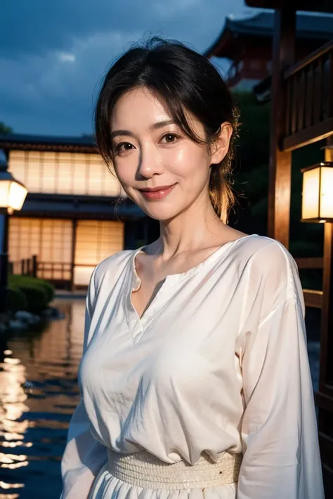 Best Quality, 8k, masterpiece, Photorealistic, night,Bedroom,Realistic, 60 years old,((An innocent smile)),Taking a walk,A beautiful Japanese woman with half-Japanese features,Medium Hair,Facial wrinkles, ((Upper Body))Fashionable clothes,Medium Hair, (Vie...