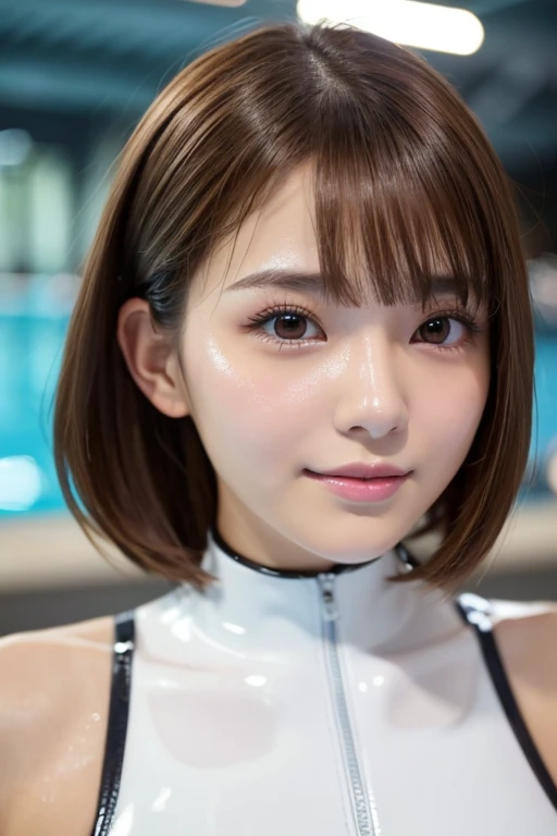 Latex bodysuit、huge 、Short brown hair、30-year-old gravure idol、Shiny, oily skin、Glowing skin、Indoor competition pool、White skin、Face close-up