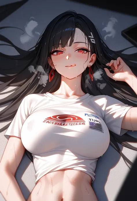 Long black hair、Red eyes、Rio Tsukatsuki, Sexy super large size T-shirt、No underwear、My shoulders are sticking out、The shirt falls off、, Frequently sports side bust high resolution, masterpiece, Anatomically correct, Has won numerous awards, Best Quality, h...