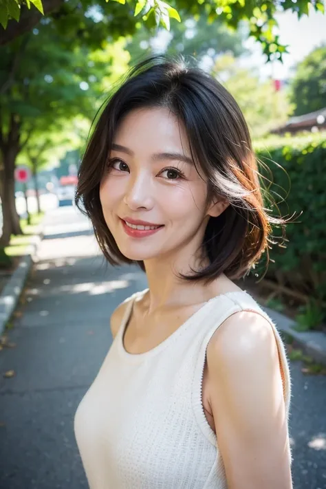 Best Quality, 8k, masterpiece, Photorealistic,Selfie,Realistic, 60 years old,((An innocent smile)),Taking a walk,A beautiful Japanese woman with half-Japanese features,Medium Hair,Facial wrinkles, ((Upper Body))Fashionable clothes,Medium Hair, (Viewer&#39;...