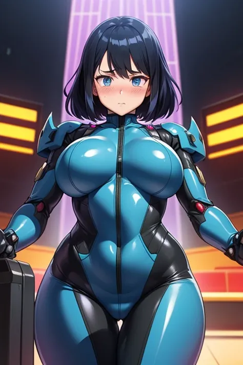 masterpiece、A tight-fitting battle suit that fits snugly against the body、sexy、Power Core that transforms shame into energy、A battle suit that stirs up feelings of shame、Regular employment type、Big Breasts、Cyberpunk worldview、Ultra-thin battle suit、blush、A...