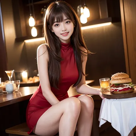 Red matte dress，laughing out loud，knee shot, There is a table with food in front，（holding food），1 female, light brown hair, blunt bangs, hair behind ears, Shoulder length hair, long hair, Slender body shape, 超face slimming型, face slimming, delicate lips, B...