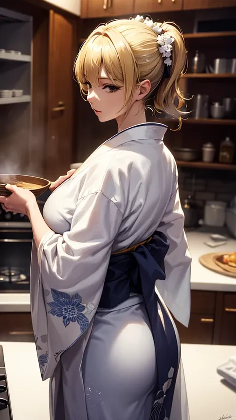 high quality masterpiece, 4K, Beautiful design, silhouette，blonde， Very detailed，kitchen， wonderful, Delicate details,  Very knowledgeable woman, Very detailedなソロ, 1 female,Big Breasts，Butt，Underwear Line，White yukata，cooking，