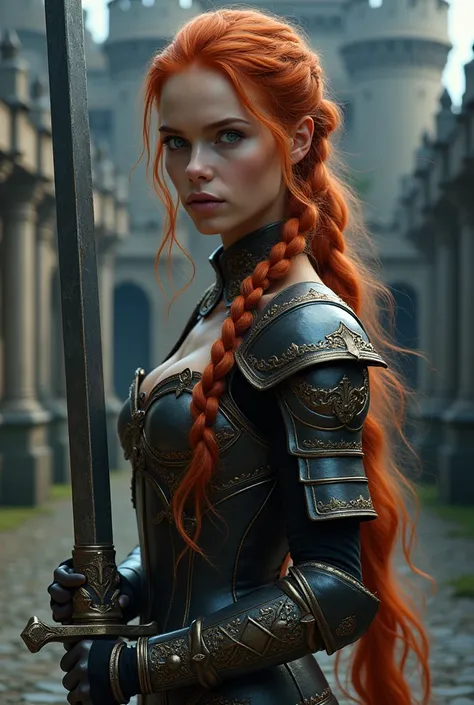 A girl, young, beautiful, supermodel, ((photorealistic)), long red hair, large braid, medium breasts, slim body, blue eyes, perfect body, (beautiful fantasy armor, intrincate details), (large fantasy sword), at night, in a fantasy castle, masterpiece, 8k h...